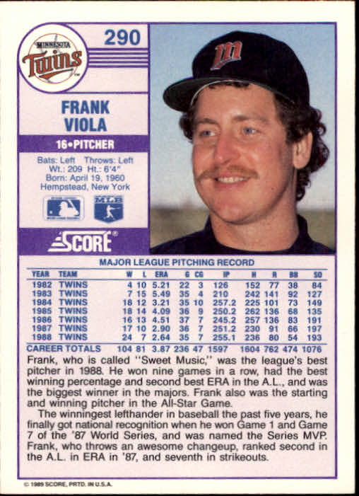 1989 Score #290 Frank Viola back image