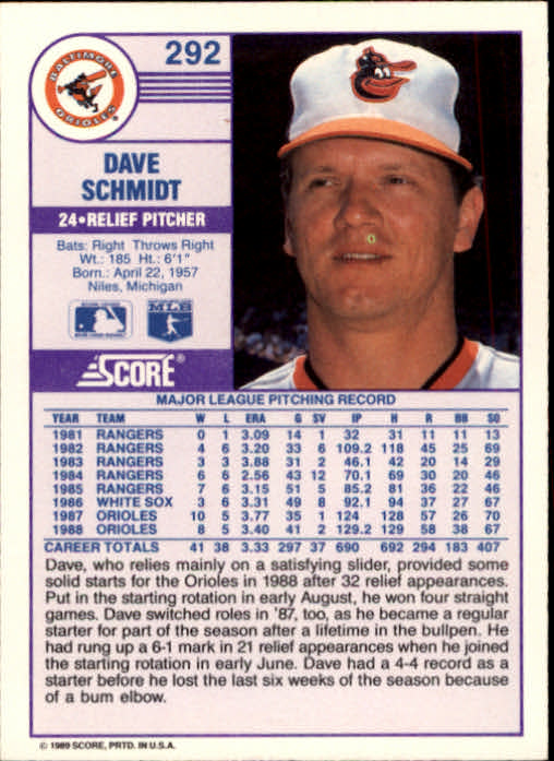 1989 Score #292 Dave Schmidt back image