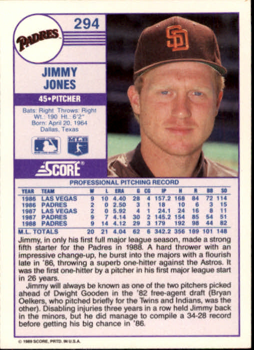1989 Score #294 Jimmy Jones back image