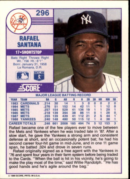 1989 Score #296 Rafael Santana back image