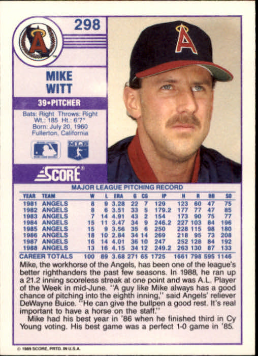 1989 Score #298 Mike Witt back image