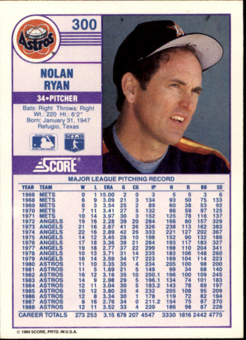 1989 Score #300 Nolan Ryan back image