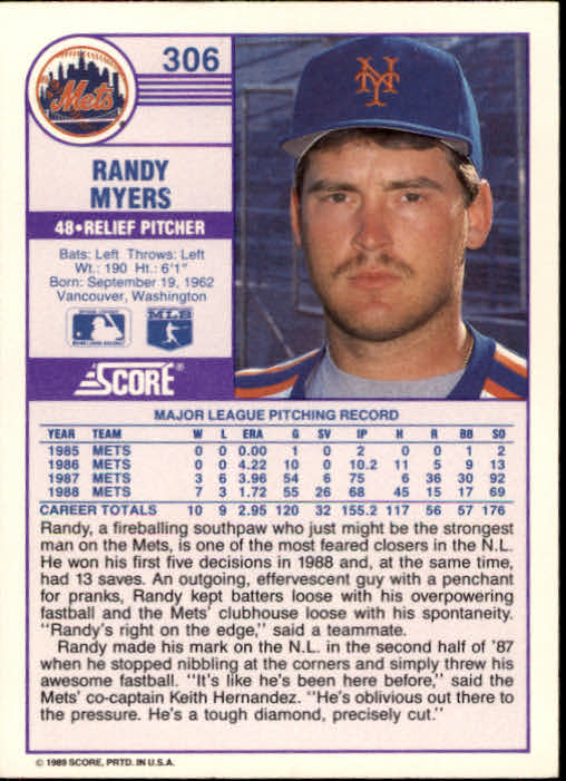 1989 Score #306 Randy Myers UER/6 hits in '87,/should be 61 back image