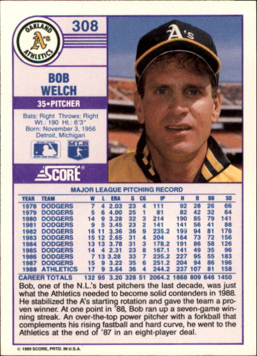 1989 Score #308 Bob Welch back image
