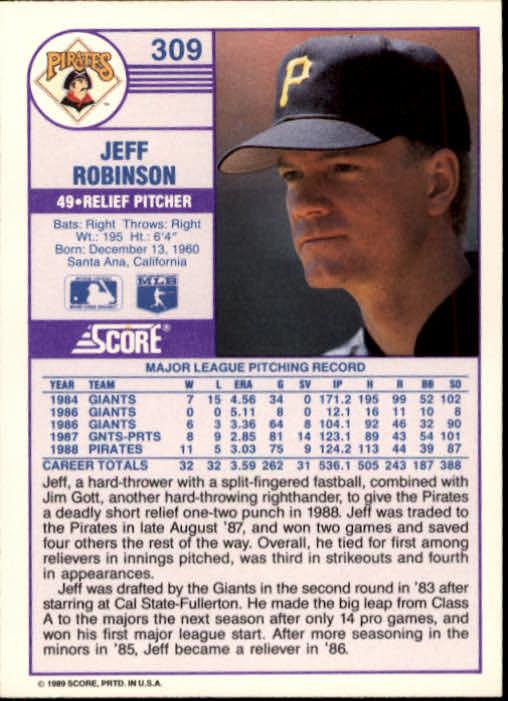 1989 Score #309 Jeff D. Robinson back image