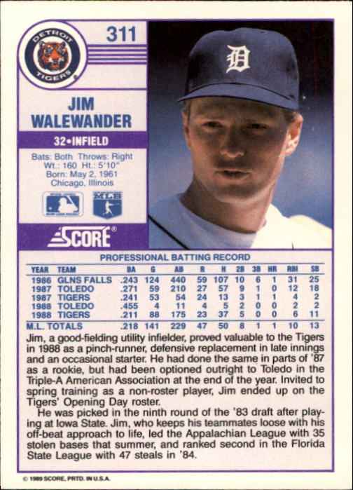 1989 Score #311 Jim Walewander back image