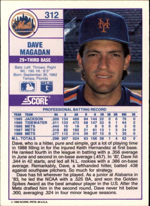 1989 Score #312 Dave Magadan back image