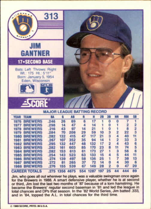 1989 Score #313 Jim Gantner back image
