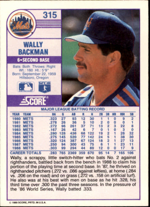 1989 Score #315 Wally Backman back image