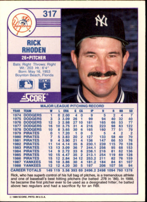1989 Score #317 Rick Rhoden back image