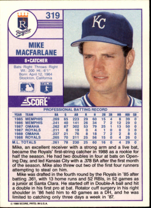 1989 Score #319 Mike Macfarlane RC back image