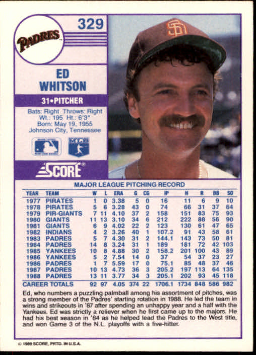 1989 Score #329 Ed Whitson back image