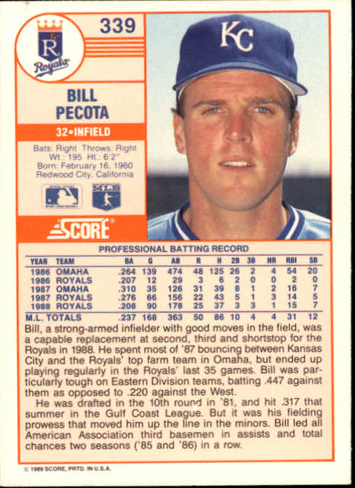 1989 Score #339 Bill Pecota back image