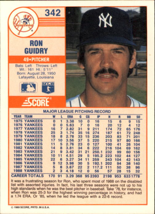 1989 Score #342 Ron Guidry back image