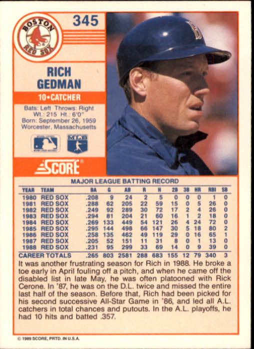 1989 Score #345 Rich Gedman back image