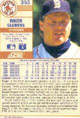 1989 Score #350A Roger Clemens ERR/778 career wins back image
