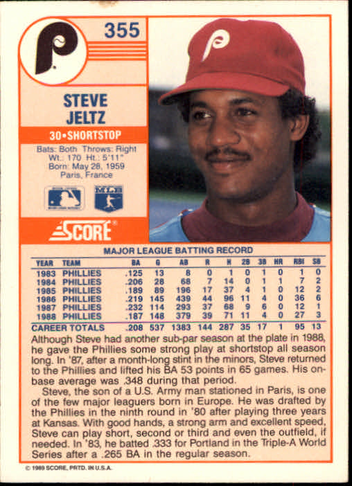1989 Score #355 Steve Jeltz back image