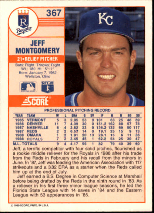 1989 Score #367 Jeff Montgomery back image