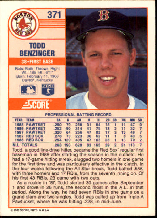 1989 Score #371 Todd Benzinger back image