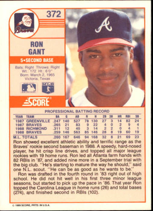1989 Score #372 Ron Gant back image