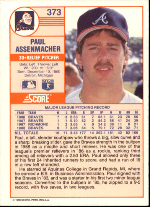 Paul Assenmacher signed baseball card (Atlanta Braves) 1987