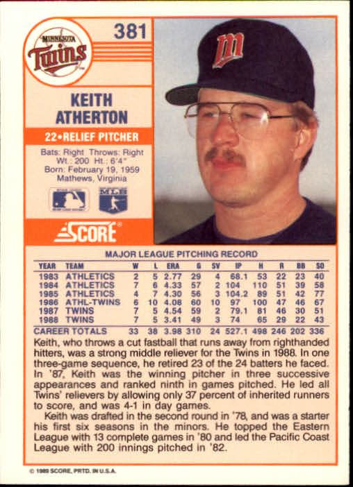 1989 Score #381 Keith Atherton back image