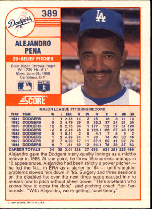 1989 Score #389 Alejandro Pena back image
