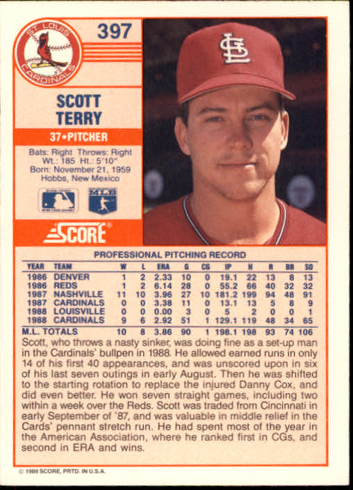 1989 Score #397 Scott Terry back image