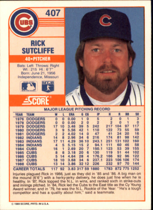 1989 Score #407 Rick Sutcliffe back image