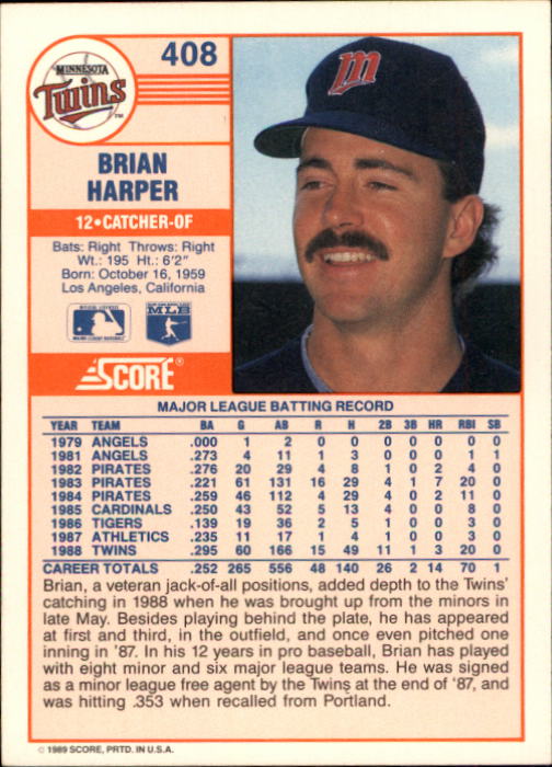 1989 Score #408 Brian Harper back image