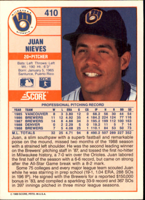 1989 Score #410 Juan Nieves back image