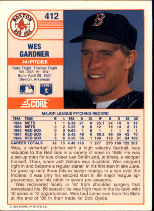 1989 Score #412 Wes Gardner back image