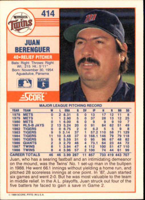 1989 Score #414 Juan Berenguer back image