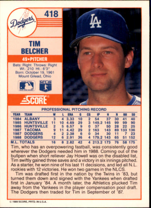1989 Score #418 Tim Belcher back image