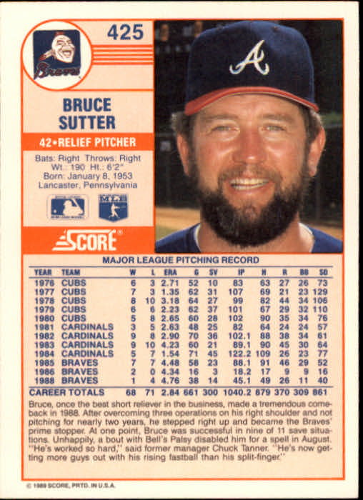 1989 Score #425 Bruce Sutter back image