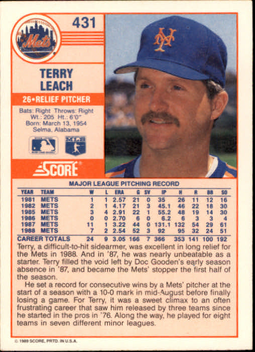 1989 Score #431 Terry Leach back image