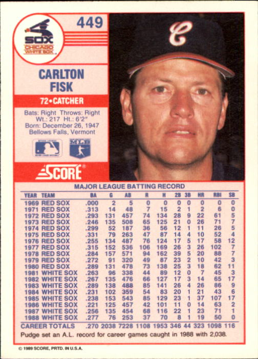 1989 Score #449 Carlton Fisk back image