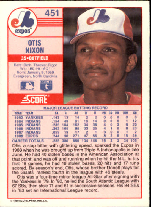 1989 Score 451 Otis Nixon NMMT