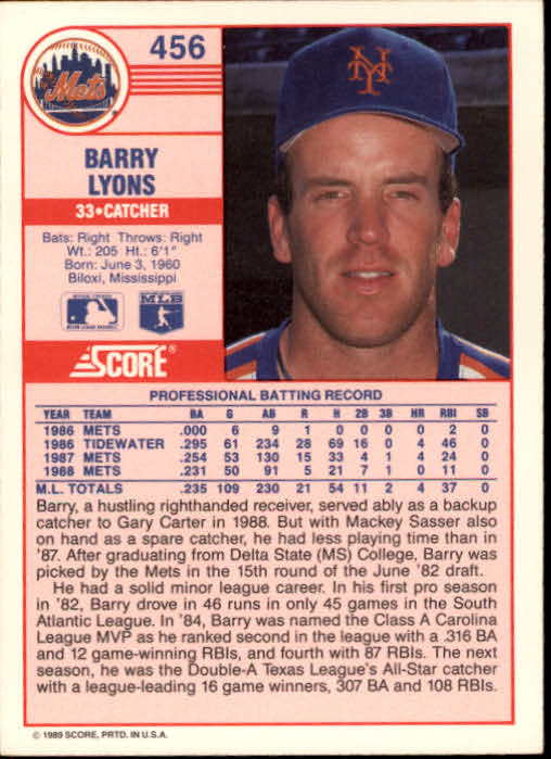 1989 Score #456 Barry Lyons back image