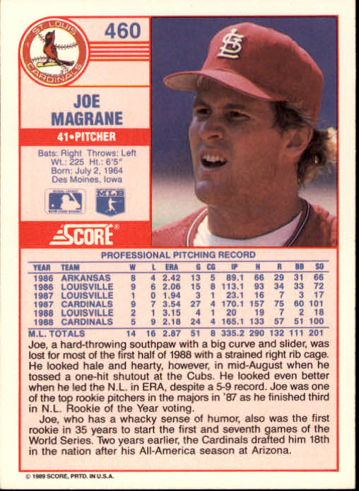 1989 Score #460 Joe Magrane - NM-MT