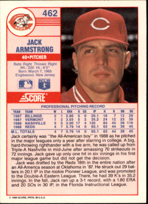 1989 Score #462 Jack Armstrong RC back image