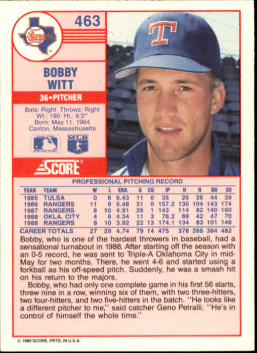 1989 Score #463 Bobby Witt back image