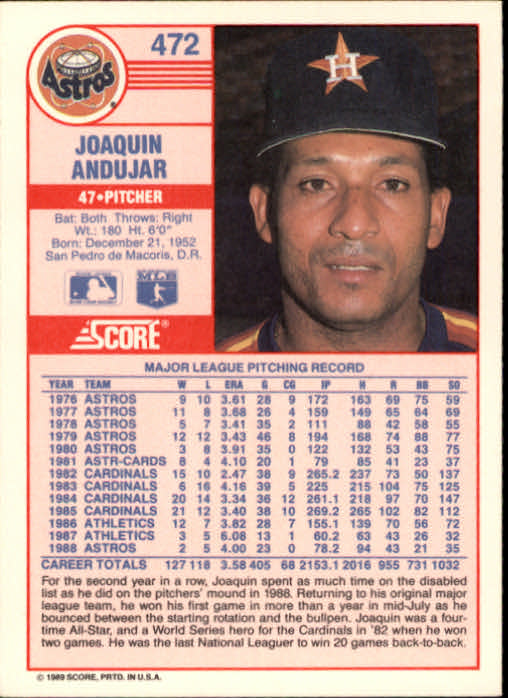 1989 Score #472 Joaquin Andujar back image