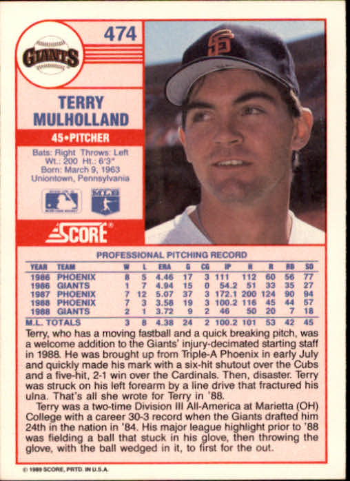 1989 Score #474 Terry Mulholland back image