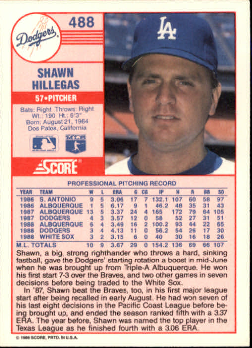 1989 Score #488 Shawn Hillegas UER/165 innings in '87,/should be 165.2 back image