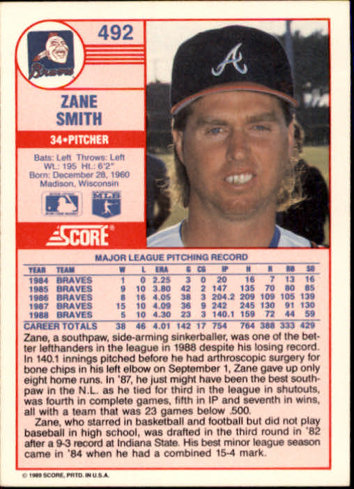 1989 Score #492 Zane Smith back image