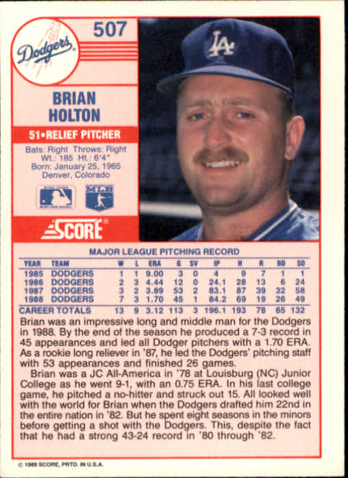 1989 Score #507A Brian Holton ERR/Born 1/25/65 Denver,/should be 11/29/59/in McKeesport back image