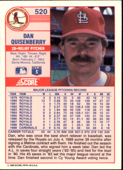 1989 Score #520 Dan Quisenberry back image