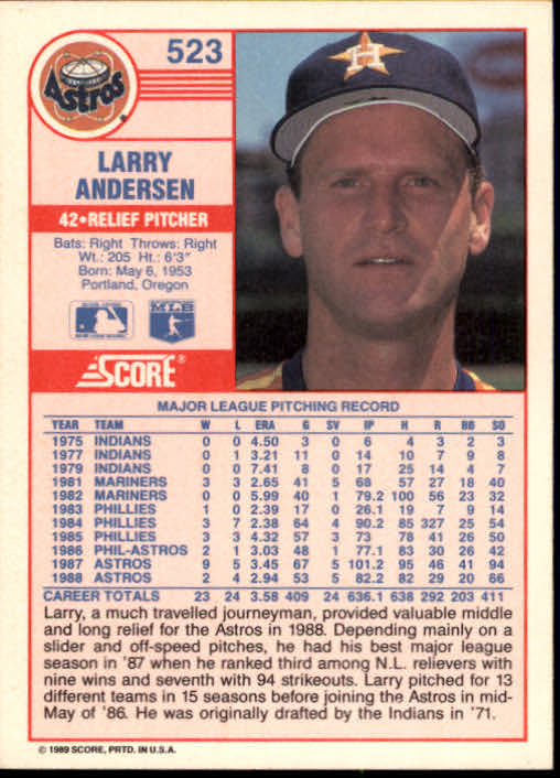 1989 Score #523 Larry Andersen back image