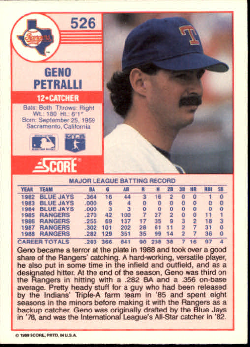1989 Score #526 Geno Petralli back image